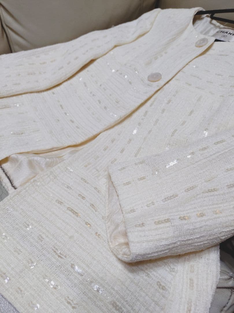 CHANELシャネルボタンノーカラーツイードジャケット フランス製