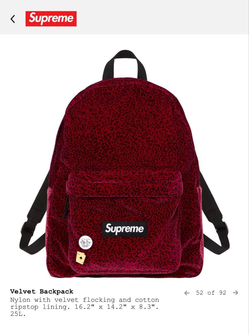 バッグ Supreme Velvet Backpack Red Leopard