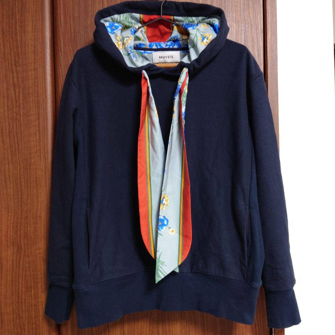 美品★MUVEIL スカーフ リボン フーディー 38 ネイビー