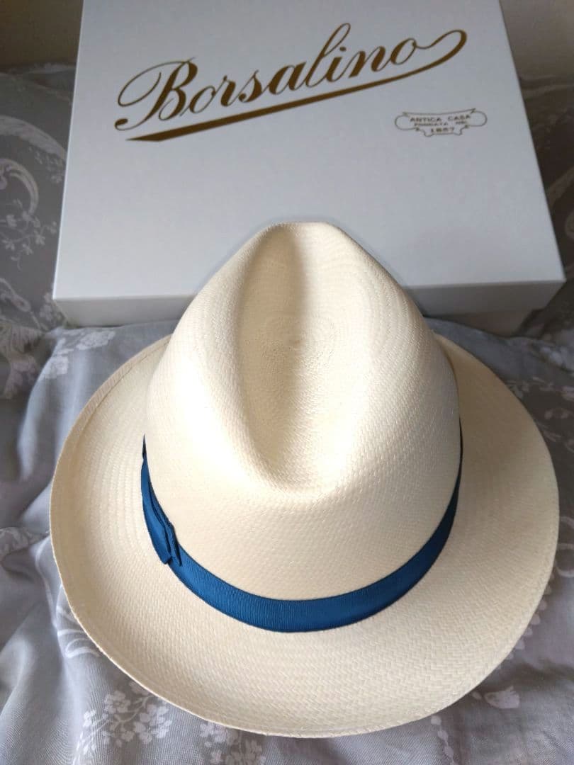 Borsalino 美品パナマ帽 オフホワイト青いリボンＬサイズ59cm