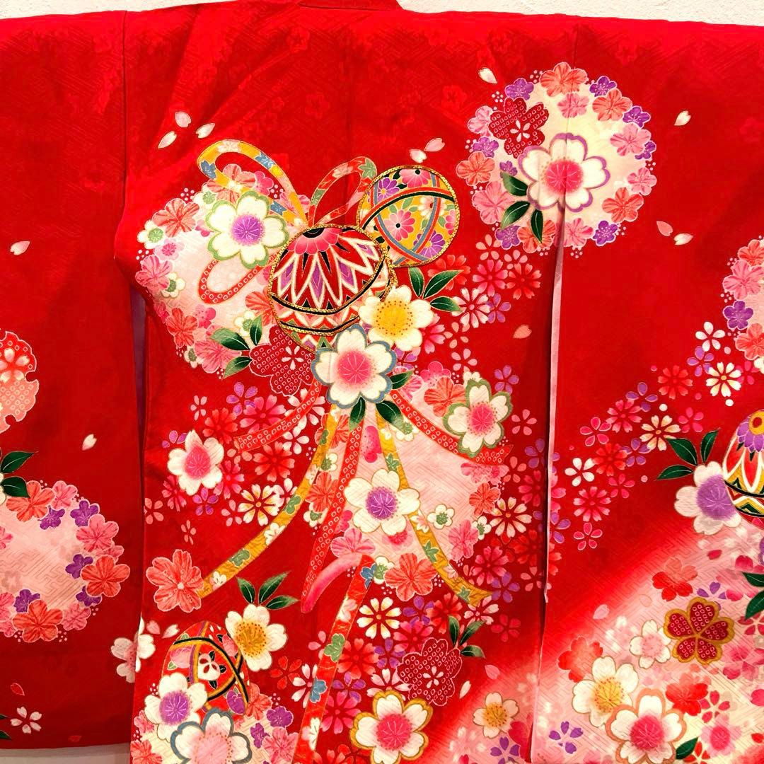 お宮参り　産着　祝着　女の子　襦袢付き 赤地に鞠と熨斗・桜吹雪　正絹