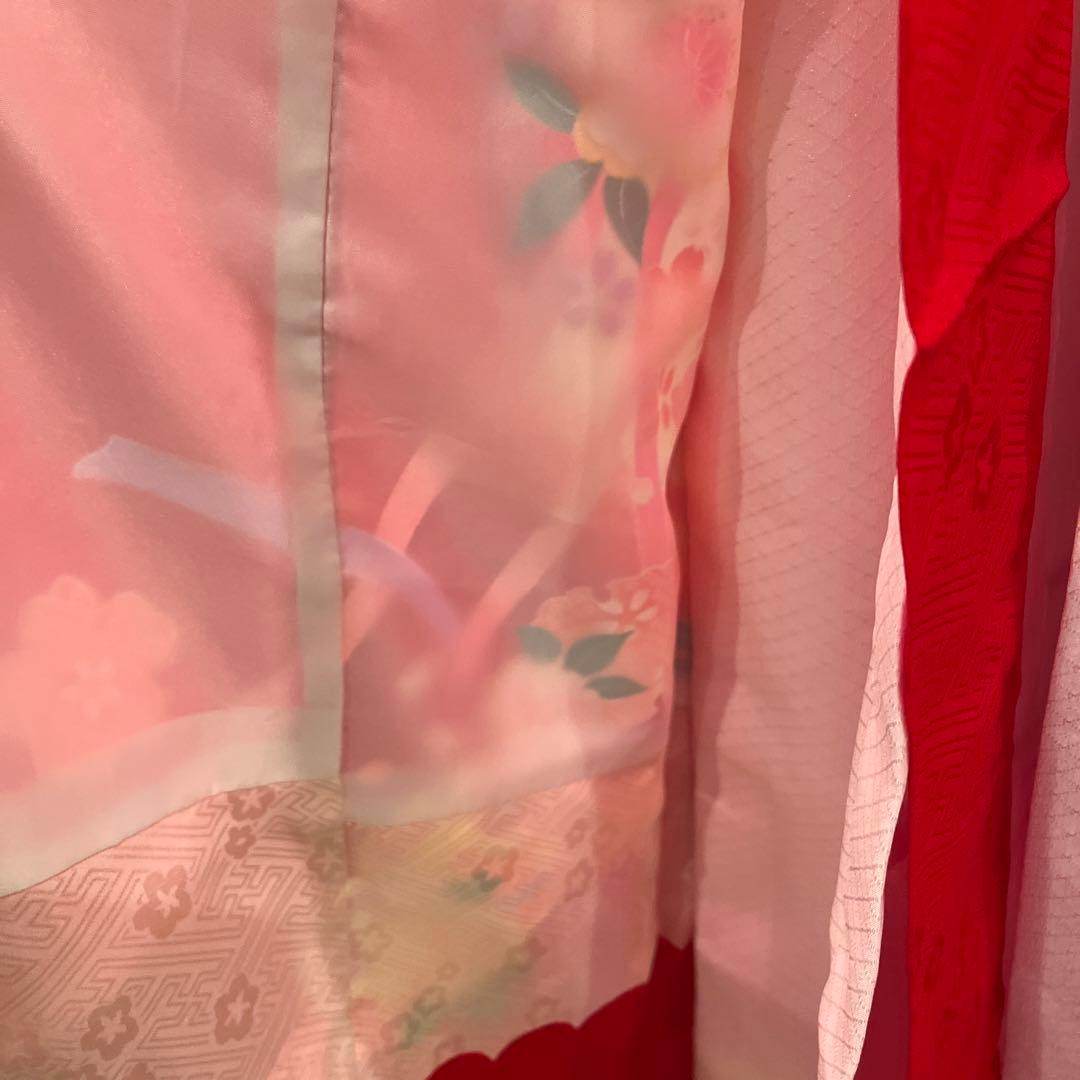 お宮参り　産着　祝着　女の子　襦袢付き 赤地に鞠と熨斗・桜吹雪　正絹