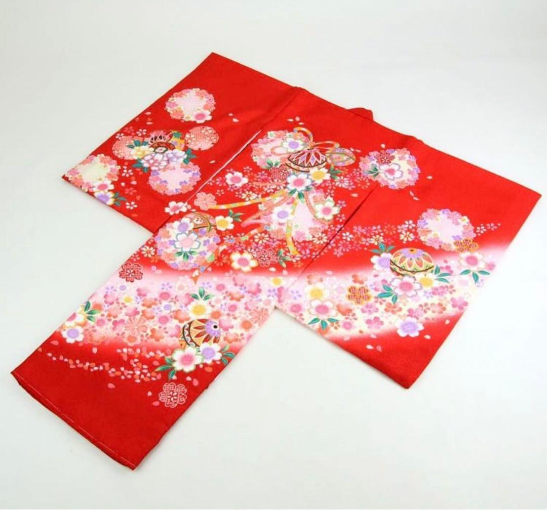 お宮参り　産着　祝着　女の子　襦袢付き 赤地に鞠と熨斗・桜吹雪　正絹