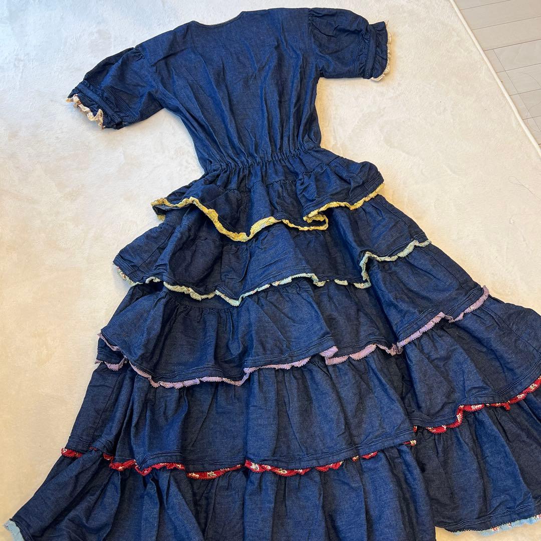 【美品】ワンダフルワールド ピコルリル使いデニム段々ワンピース