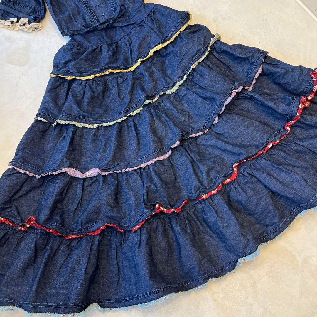 【美品】ワンダフルワールド ピコルリル使いデニム段々ワンピース