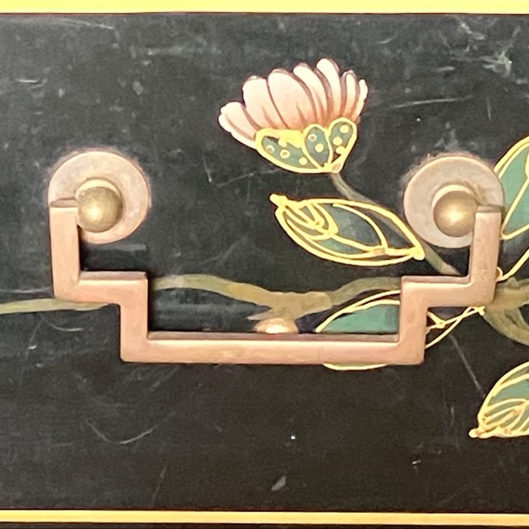 黒い花柄の木製箪笥 キャビネット ヴィンテージ 稀少 中古家具 チェスト