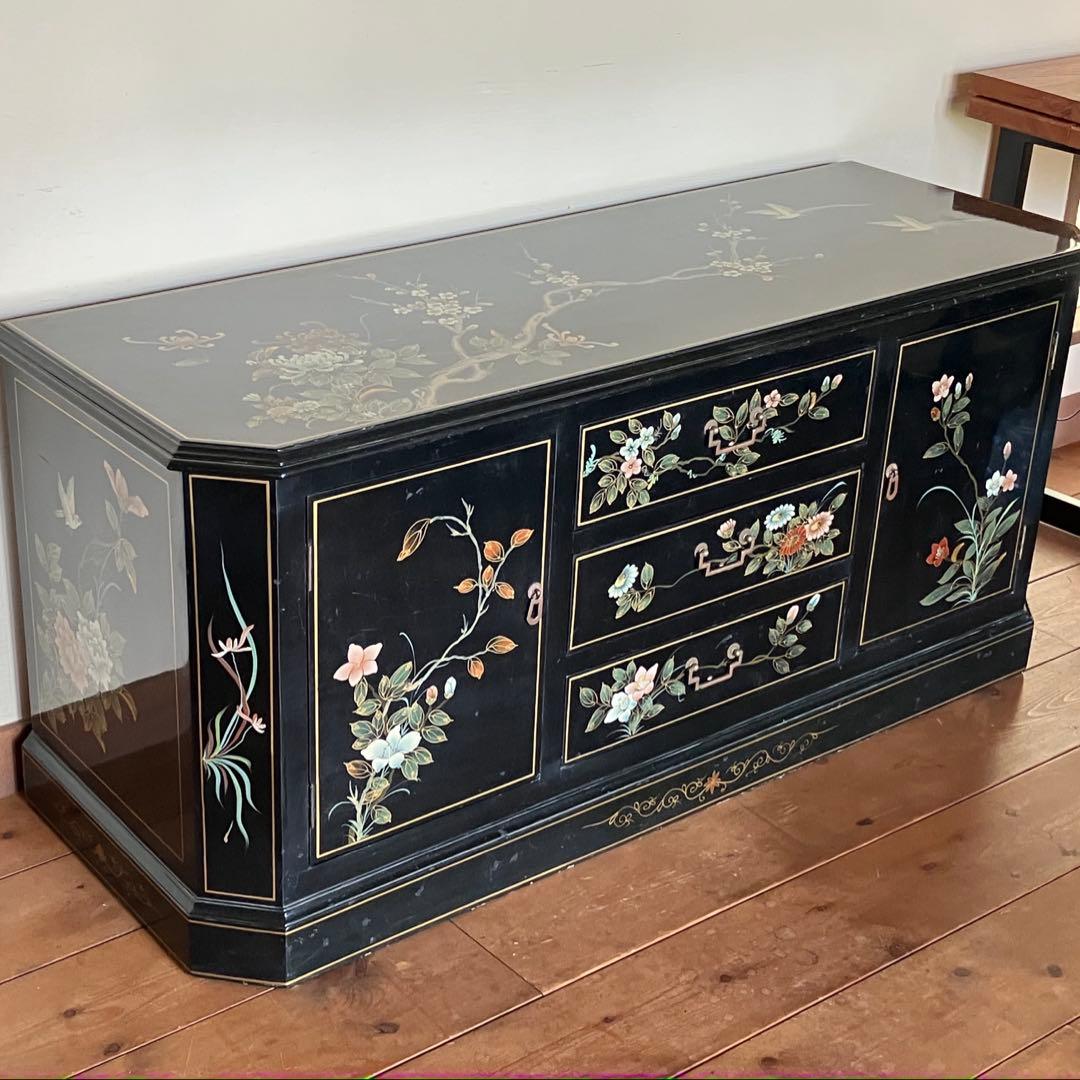 黒い花柄の木製箪笥 キャビネット ヴィンテージ 稀少 中古家具 チェスト