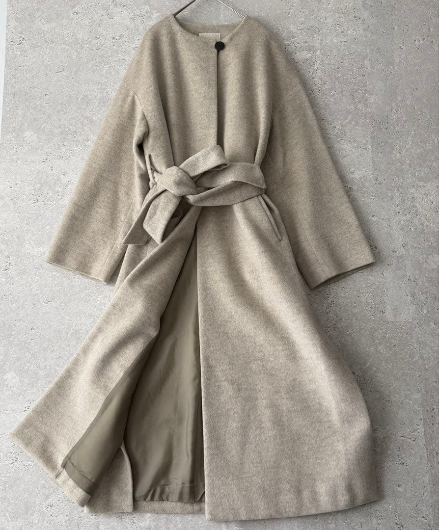 IENA ロングスリットノーカラーコート　38 ウエストベルト付