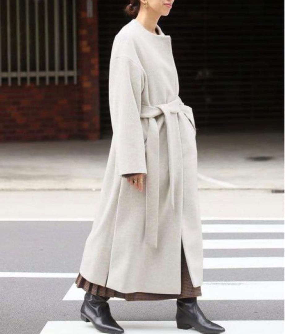 IENA ロングスリットノーカラーコート　38 ウエストベルト付