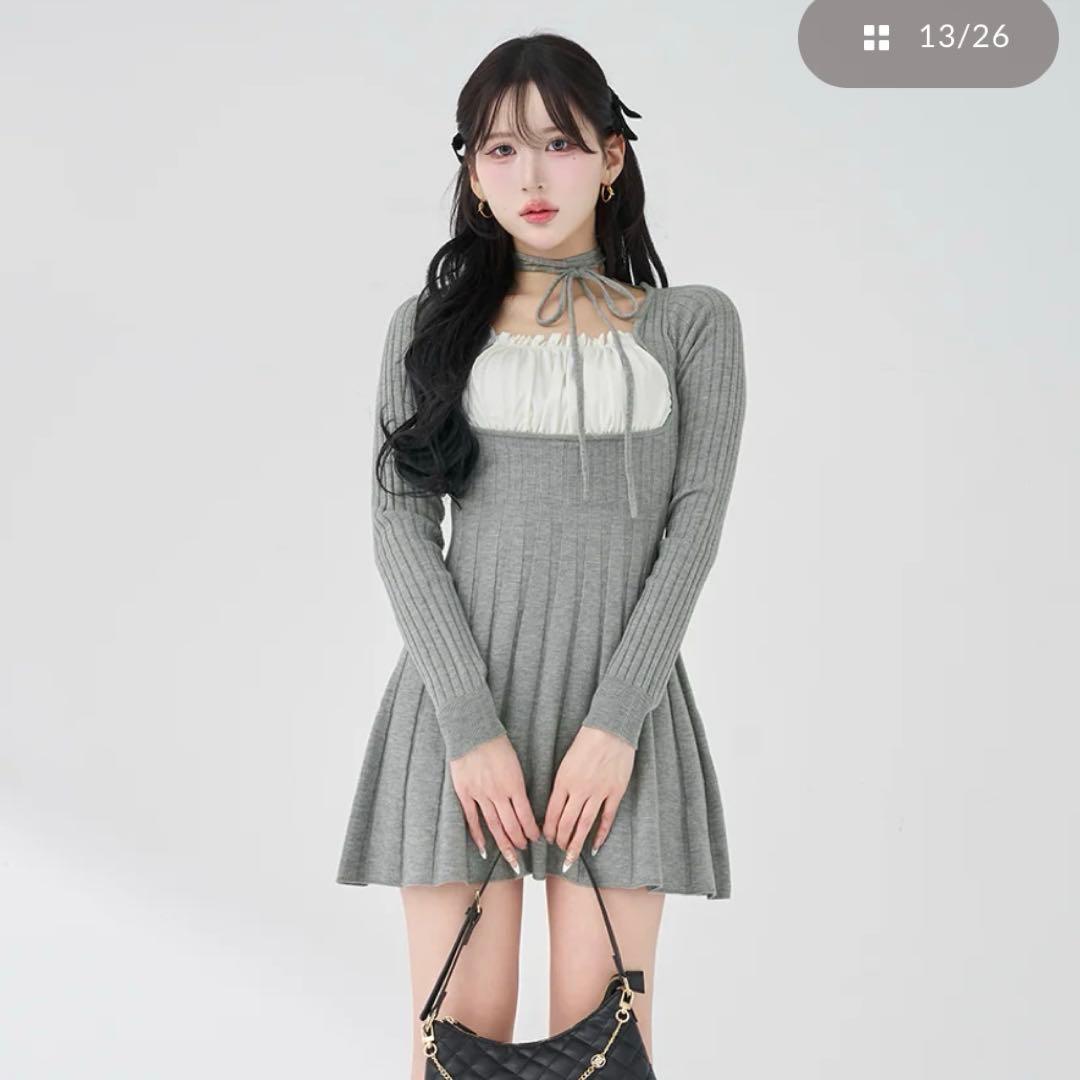 Darich ネックリボンデザイン フレアニットミニワンピース