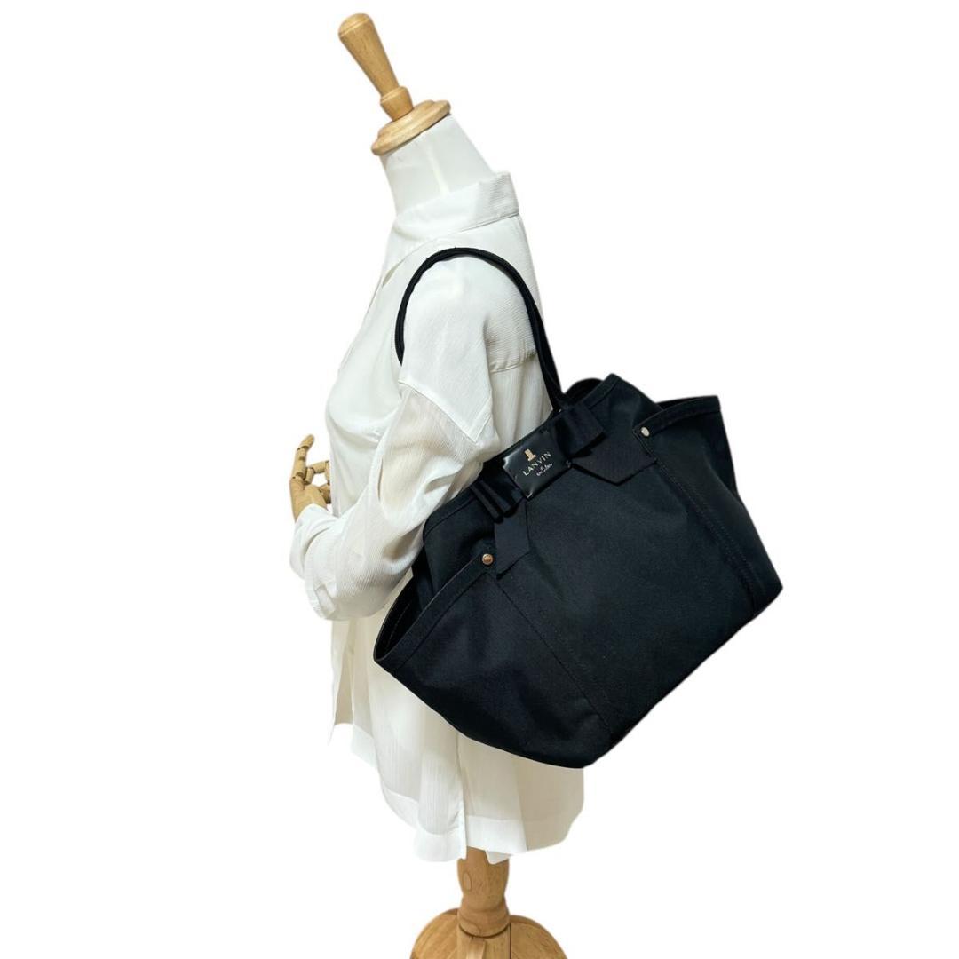 美品　ランバンオンブルー　ブラック　トートバッグ　大容量　リボン　A4　肩掛け可