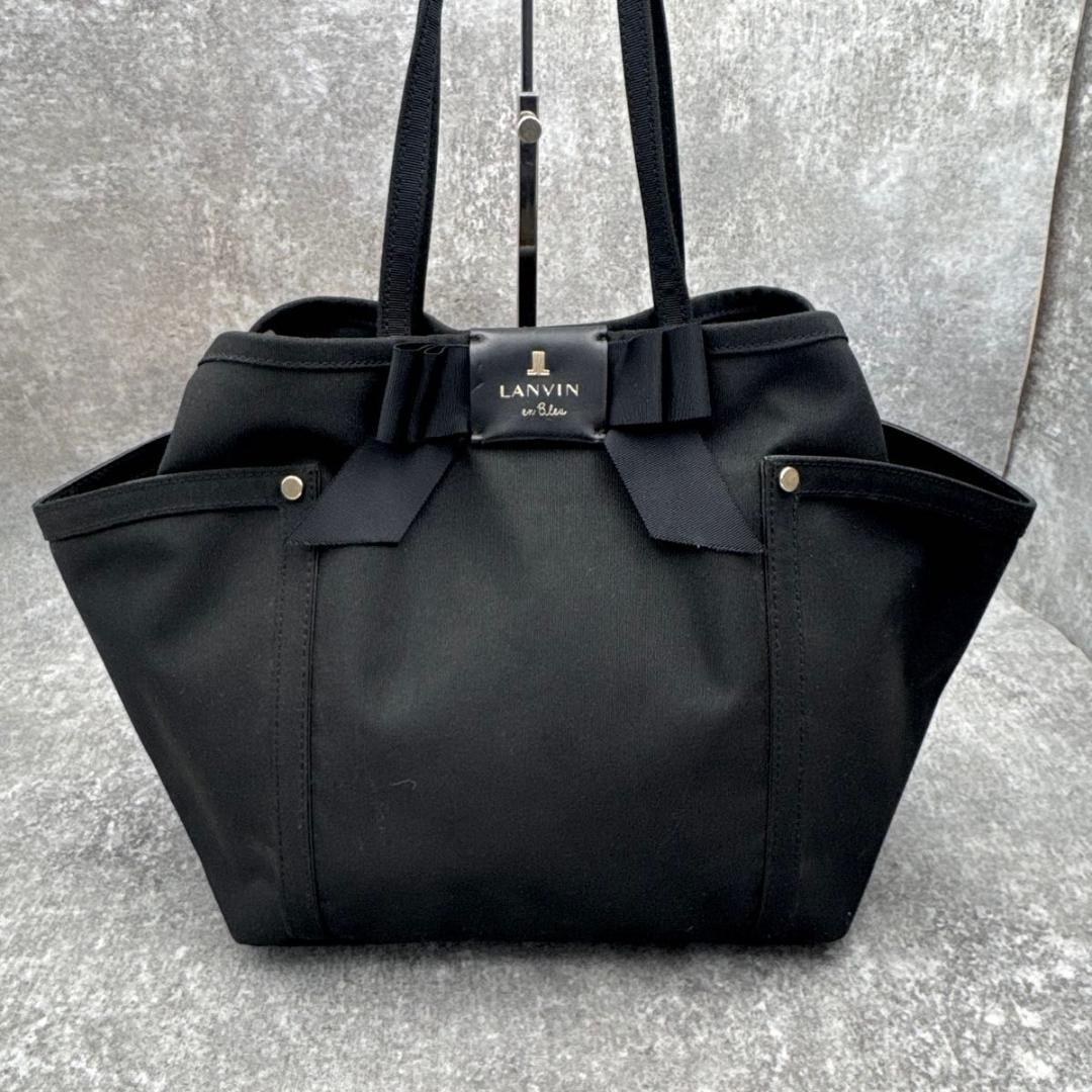 美品　ランバンオンブルー　ブラック　トートバッグ　大容量　リボン　A4　肩掛け可