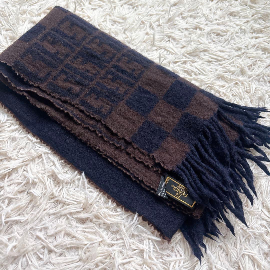 極美品✨フェンディ ウールマフラー ズッカ柄ロゴ 市松模様 ストライプ フリンジ