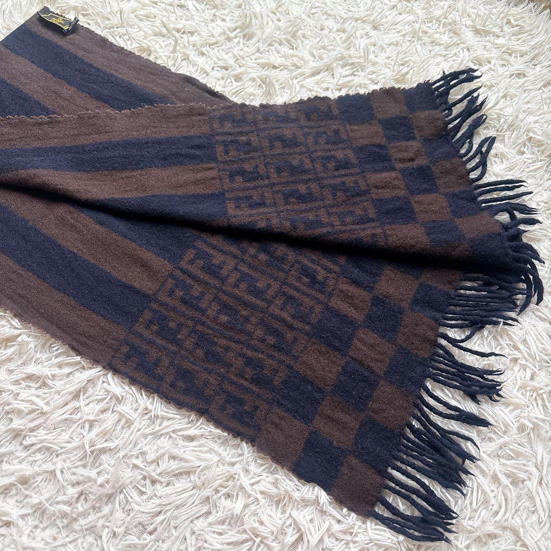 極美品✨フェンディ ウールマフラー ズッカ柄ロゴ 市松模様 ストライプ フリンジ