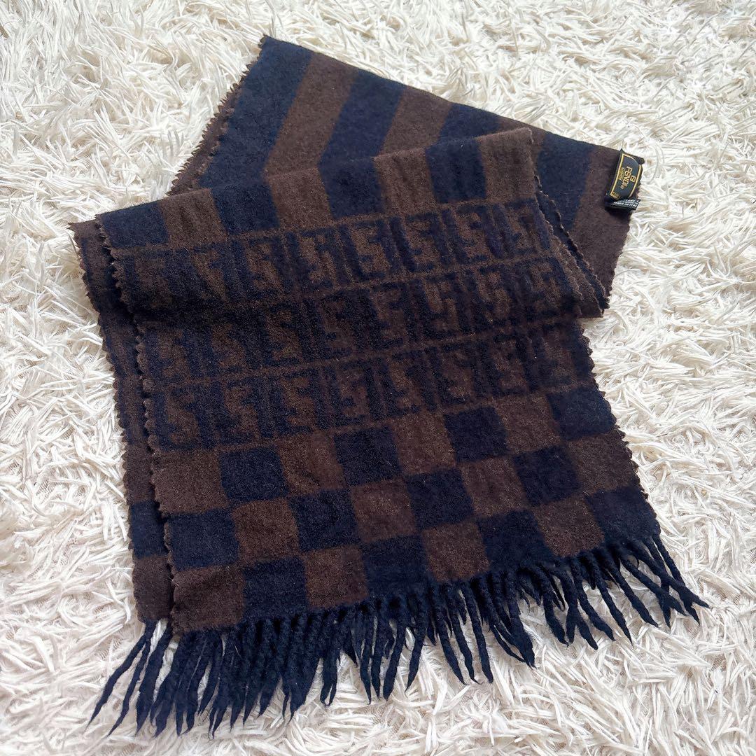 極美品✨フェンディ ウールマフラー ズッカ柄ロゴ 市松模様 ストライプ フリンジ
