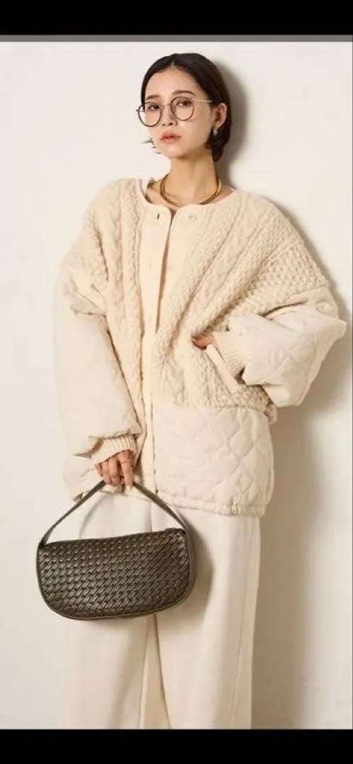 ESICA ☆新作☆ アラン編みニットノーカラー裾キルティングブルゾン