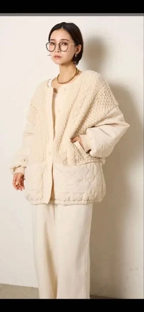 ESICA ☆新作☆ アラン編みニットノーカラー裾キルティングブルゾン