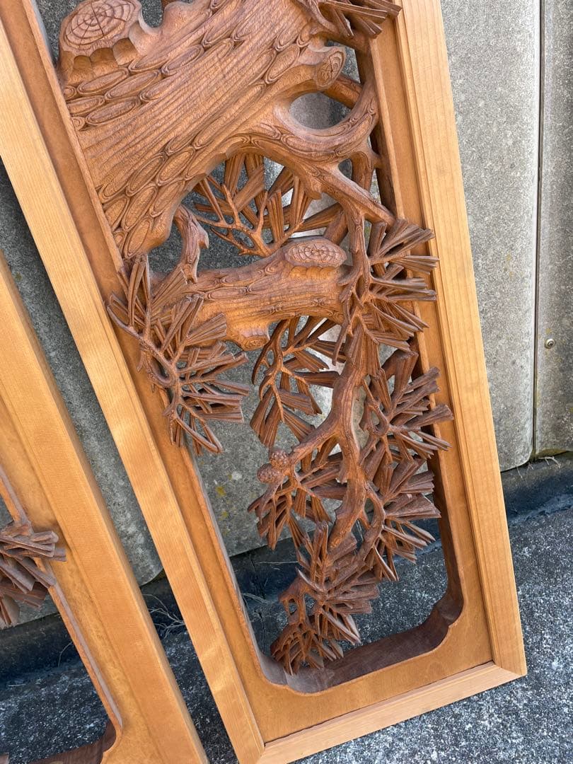 稀少/井波彫刻/栄二郎 刀/細密彫刻/両面彫刻/彫刻欄間/欄間/木彫/一対/2枚