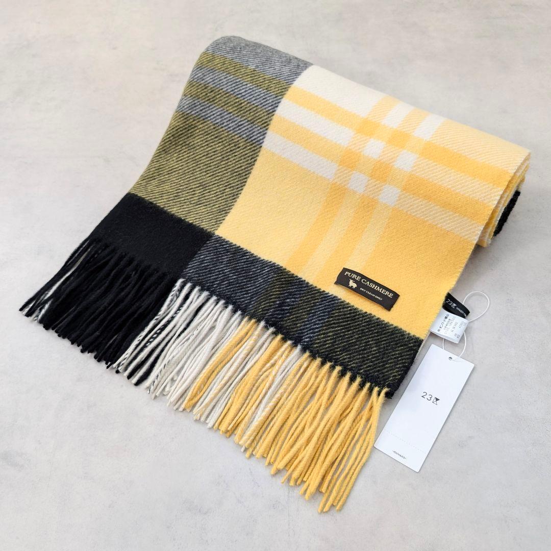 未使用タグ付★23区 大判 カシミヤ100%ストール チェック柄 イエロー