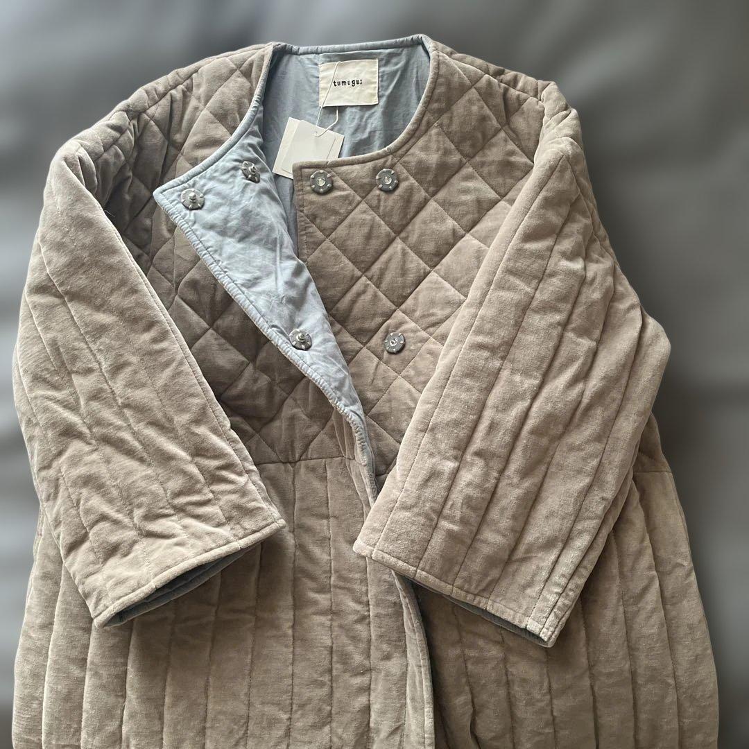 tumugu コットンベルベットキルティングコート　グレージュ