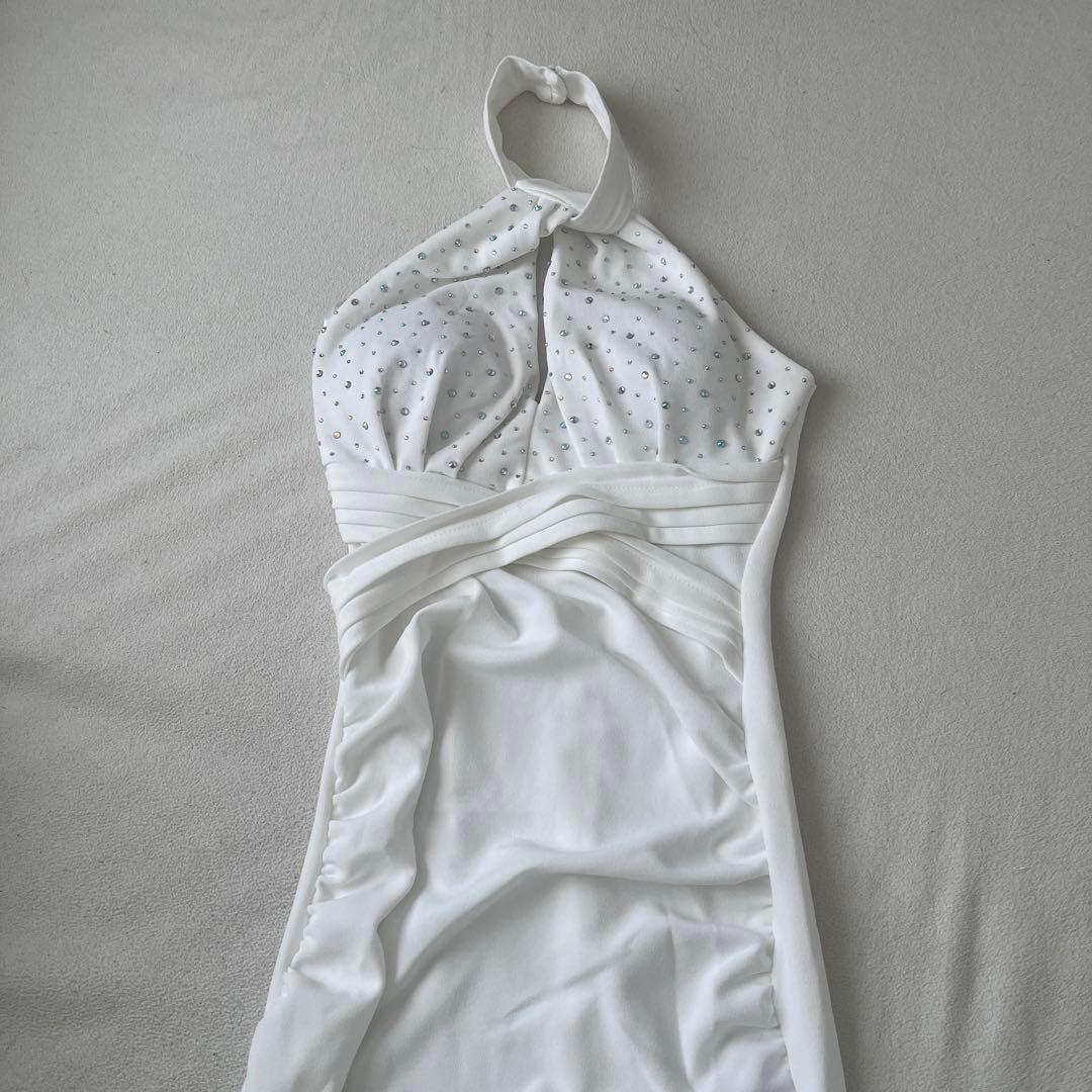 Tikaクロスホルターネックビジューワンカラースリットタイトロングドレス