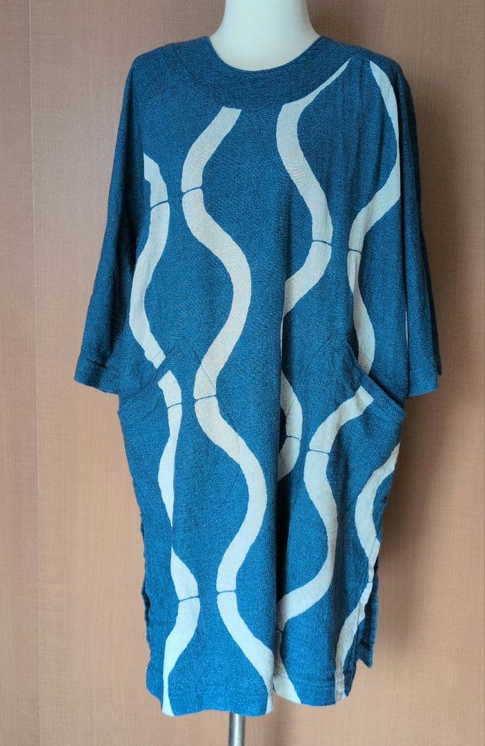 USED 笹倉玄照堂 波模様 五分袖チュニック 青