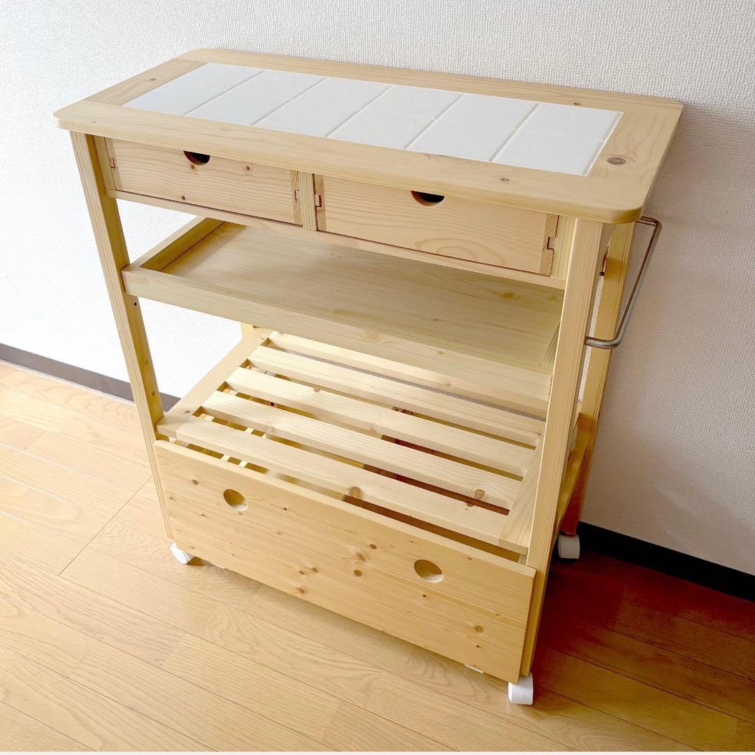 【LOWYA/ロウヤ】キッチンワゴン タオルハンガー付き 天然木使用