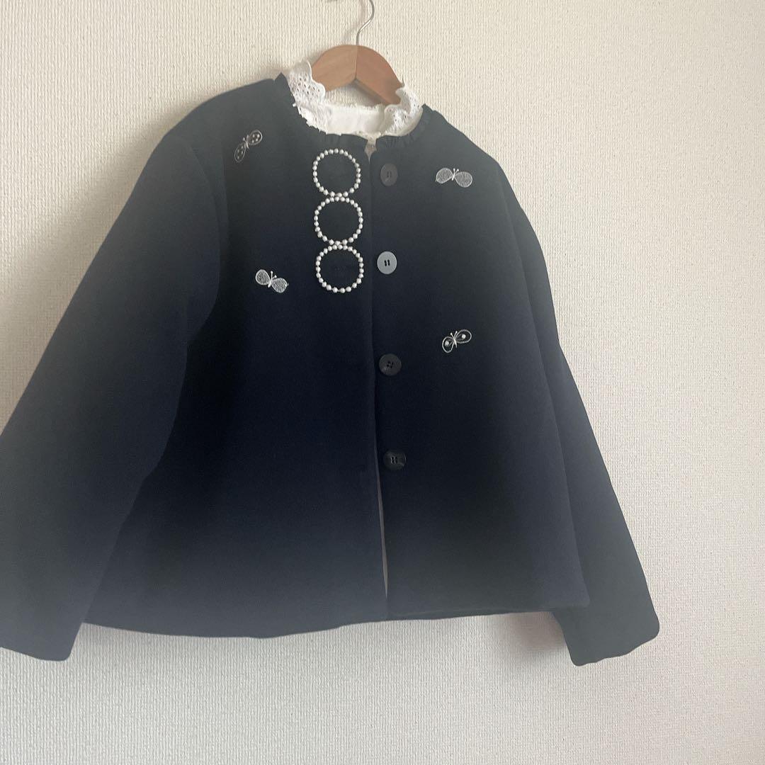 ミナペルホネン　タンバリン　choucho 紺　ウール ジャケット　ハンドメイド