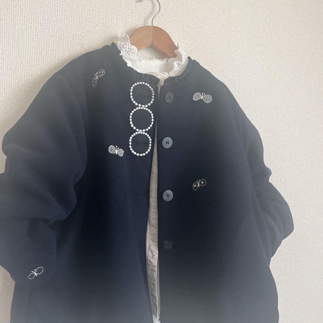 ミナペルホネン　タンバリン　choucho 紺　ウール ジャケット　ハンドメイド