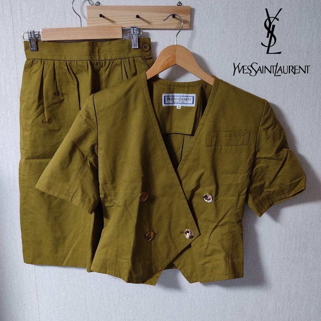 イヴサンローラン スカートスーツ上下 セットアップ 半袖 カーキ 金ボタン