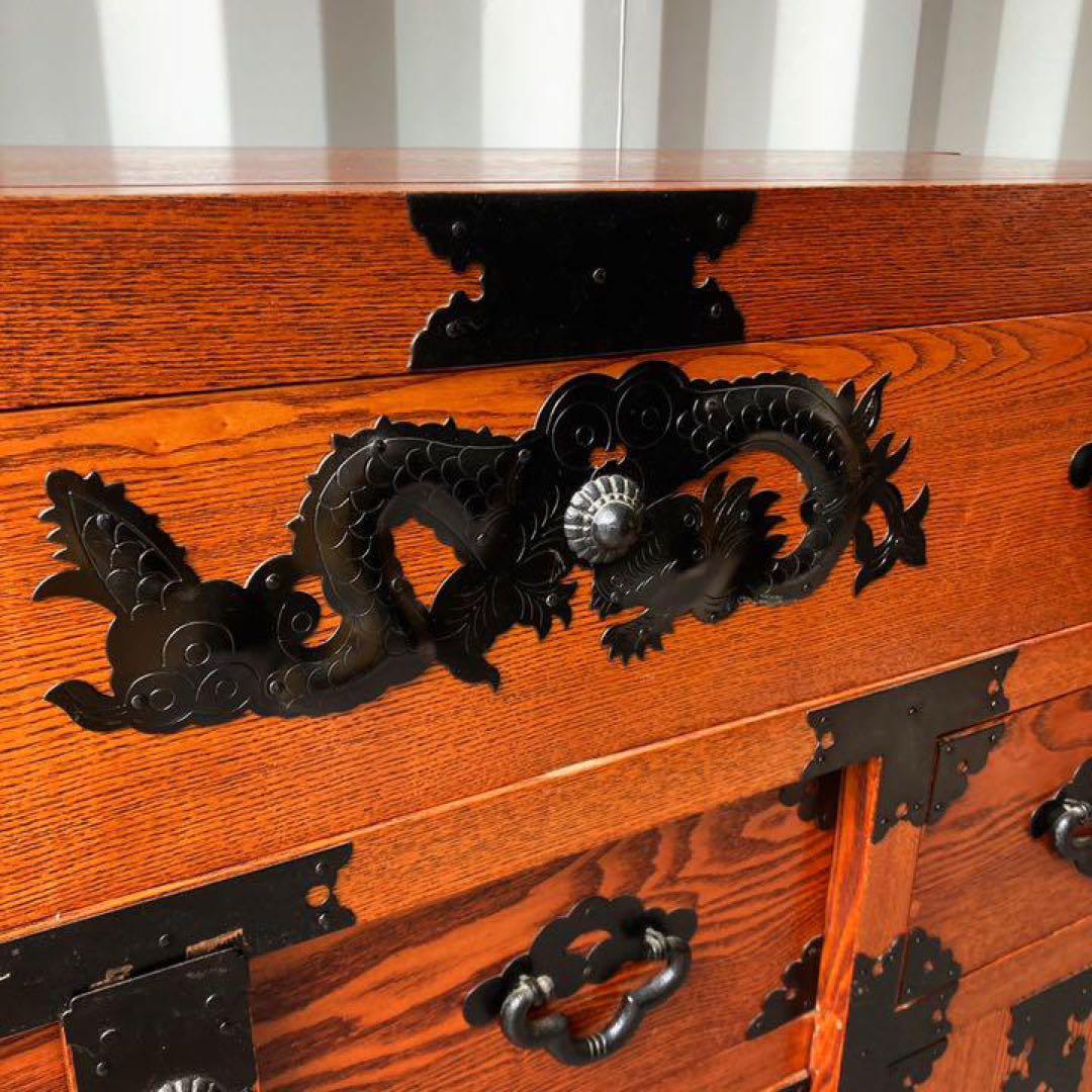 取付無料！民芸家具 楡(ニレ)材総無垢 和モダン アンティーク車箪笥 和ダンス✨