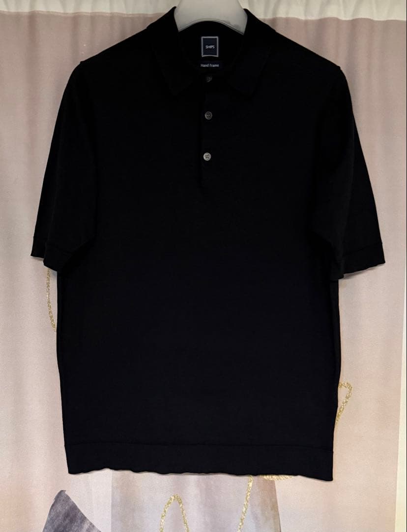 シップス アルビニ 16G コットン ニットポロシャツ ブラック
