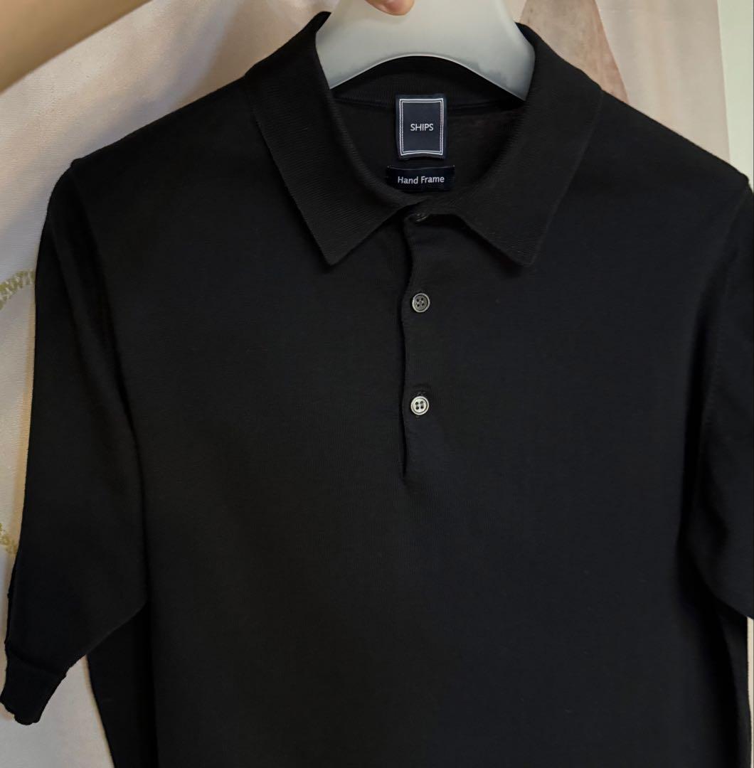 シップス アルビニ 16G コットン ニットポロシャツ ブラック