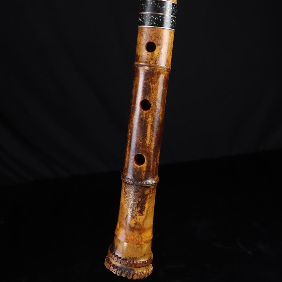 Y3273-5 琴古流 尺八 隆風銘 銀三線 螺鈿細工 全長61.5㎝ 竹製