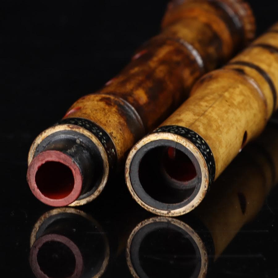 Y3273-5 琴古流 尺八 隆風銘 銀三線 螺鈿細工 全長61.5㎝ 竹製