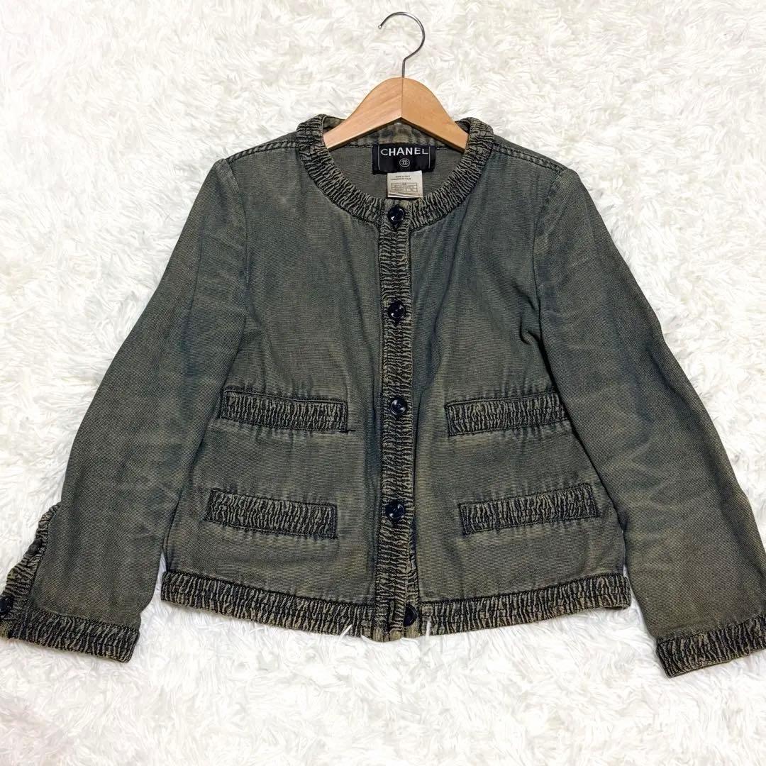 【極美品】シャネル　デニムジャケット　ノーカラー　ココボタン　ビンテージ加工　M