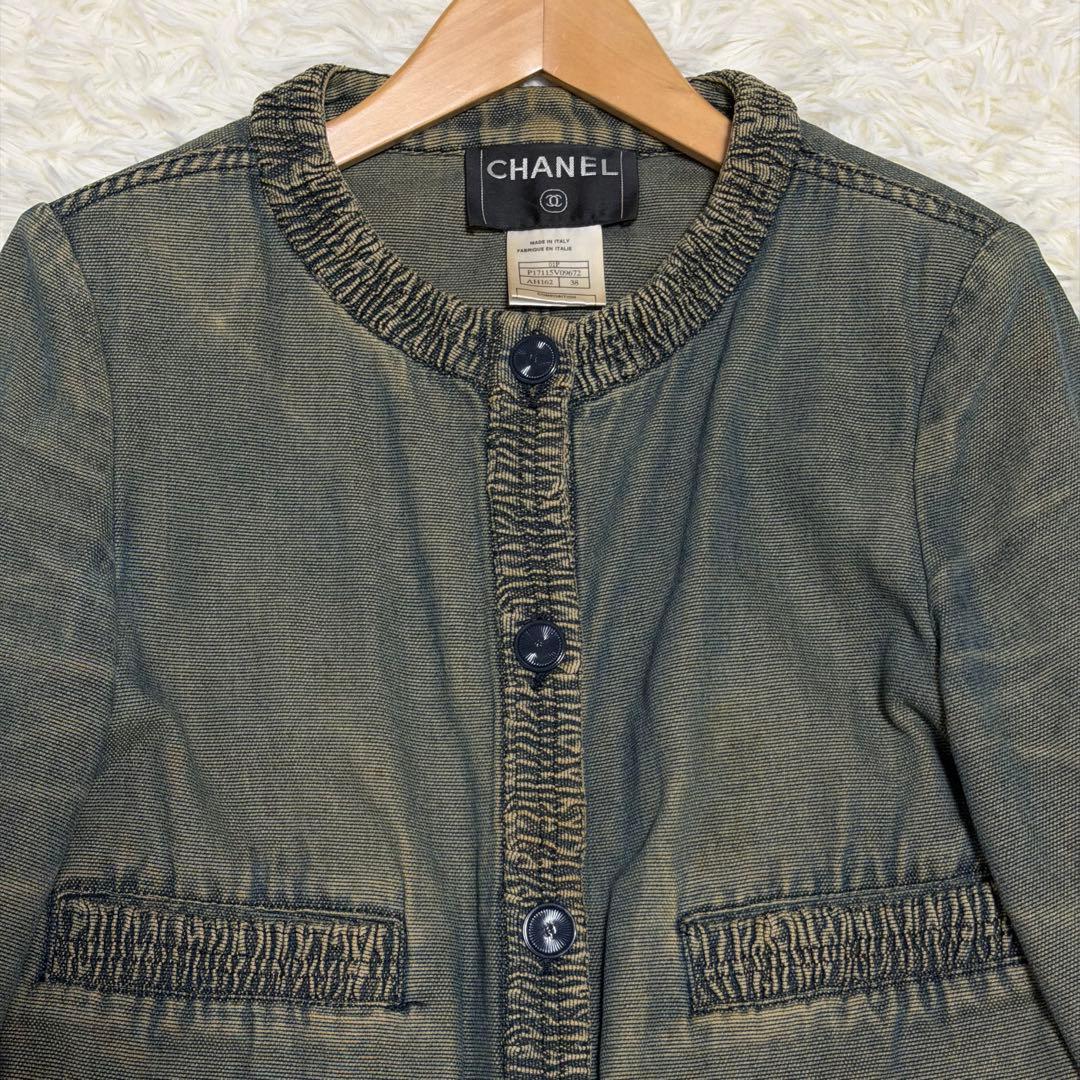 【極美品】シャネル　デニムジャケット　ノーカラー　ココボタン　ビンテージ加工　M