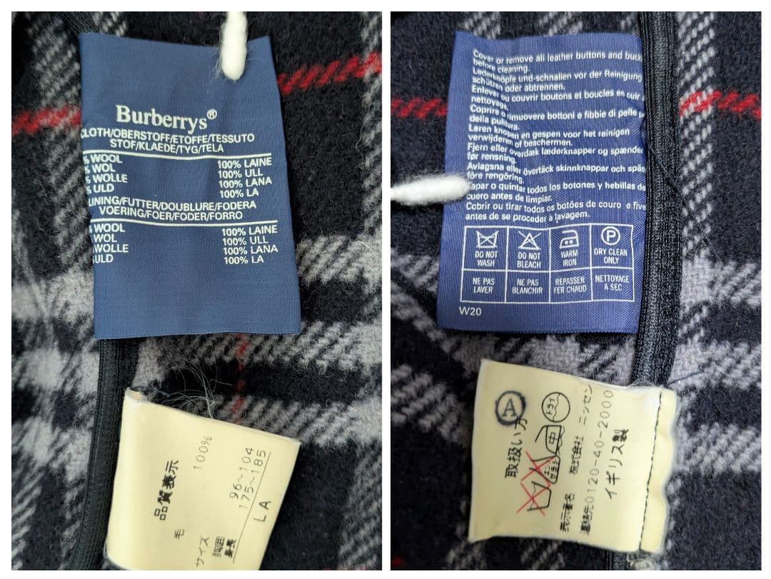 90s 英国製 バーバリー ダッフルコート ネイビー ウール ノバチェック XL