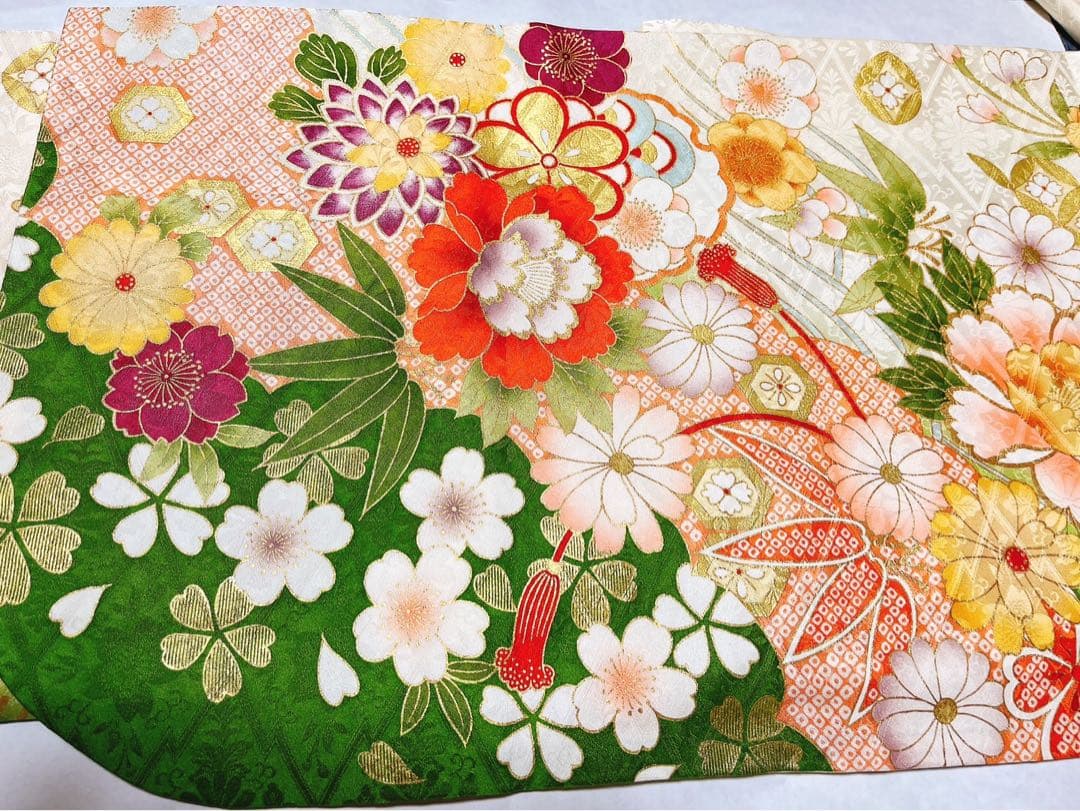 振袖　白　ホワイト　緑　振袖フルセット　成人式　結婚式　結納　袋帯