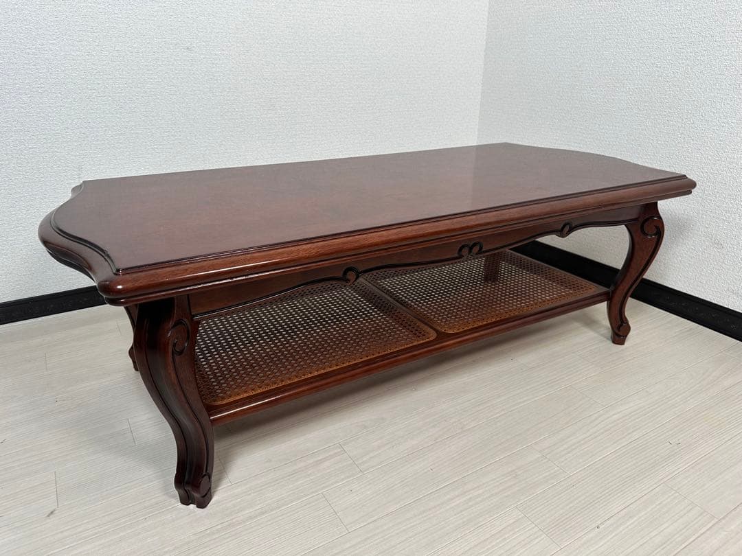 カリモク コロニアル センターテーブル 棚付き ラタン張り ローテーブル※i4※