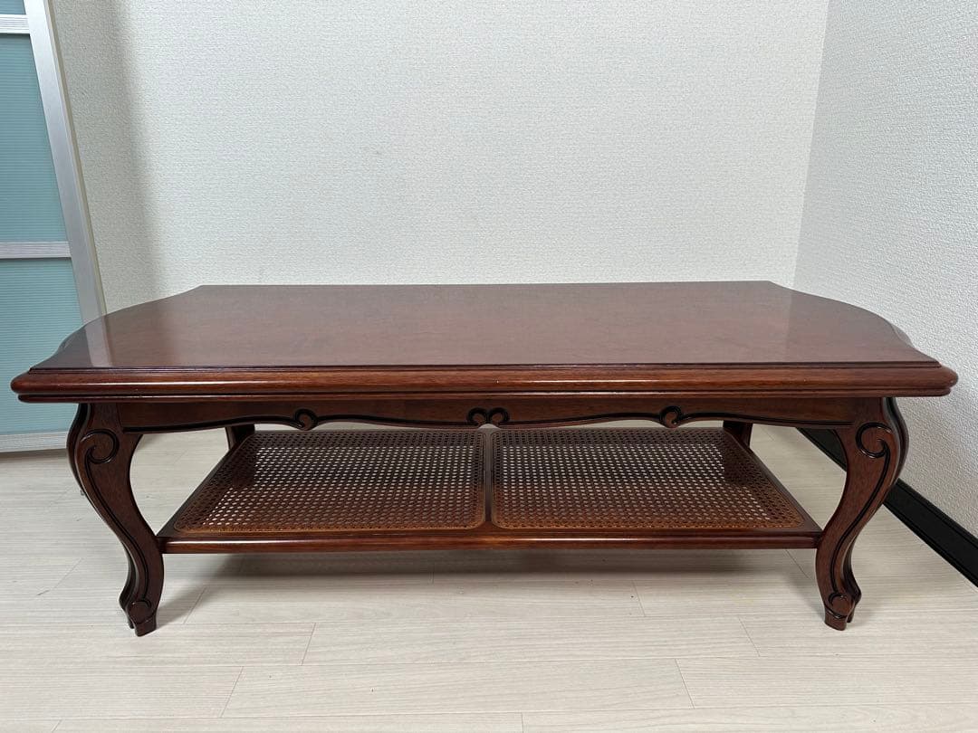 カリモク コロニアル センターテーブル 棚付き ラタン張り ローテーブル※i4※