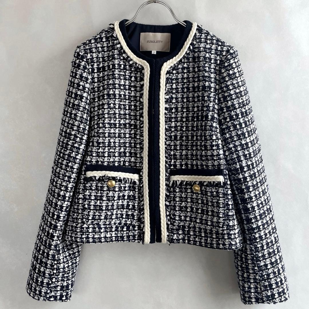 極美品✨ジャスグリッティー 25SS ツイードジャケット　紺　サイズ1
