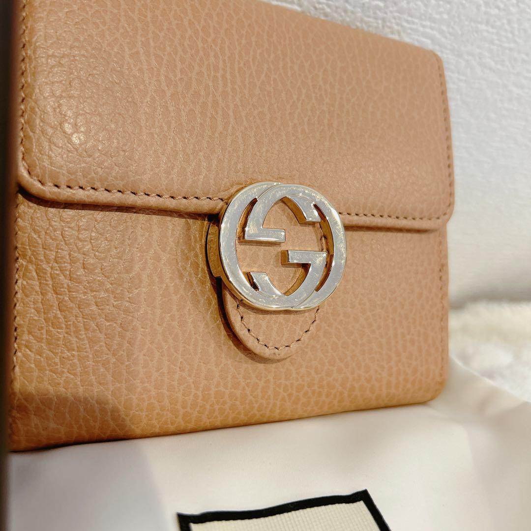 【美品】グッチ GUCCI インターロッキング 二つ折り財布 ベージュ
