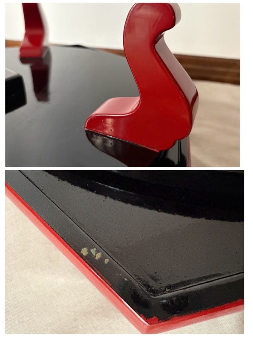 紅房 べんぼう 琉球漆器 朱漆花鳥箔絵六角東道盆 梅 牡丹 鳥 蝶