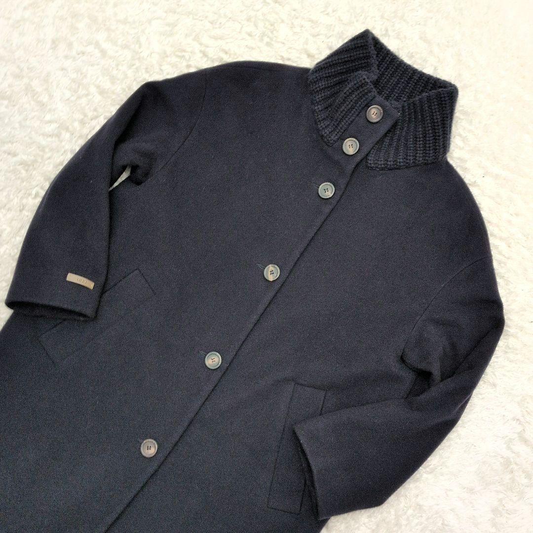 【美品 42サイズ】ペゼリコ　カシミヤ　シルク　ロングコート　スタンドカラー　紺