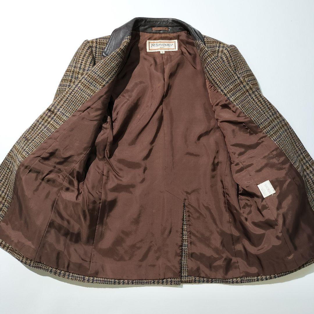 イヴサンローラン　ウール 牛革 ガンクラブチェック テーラードジャケット