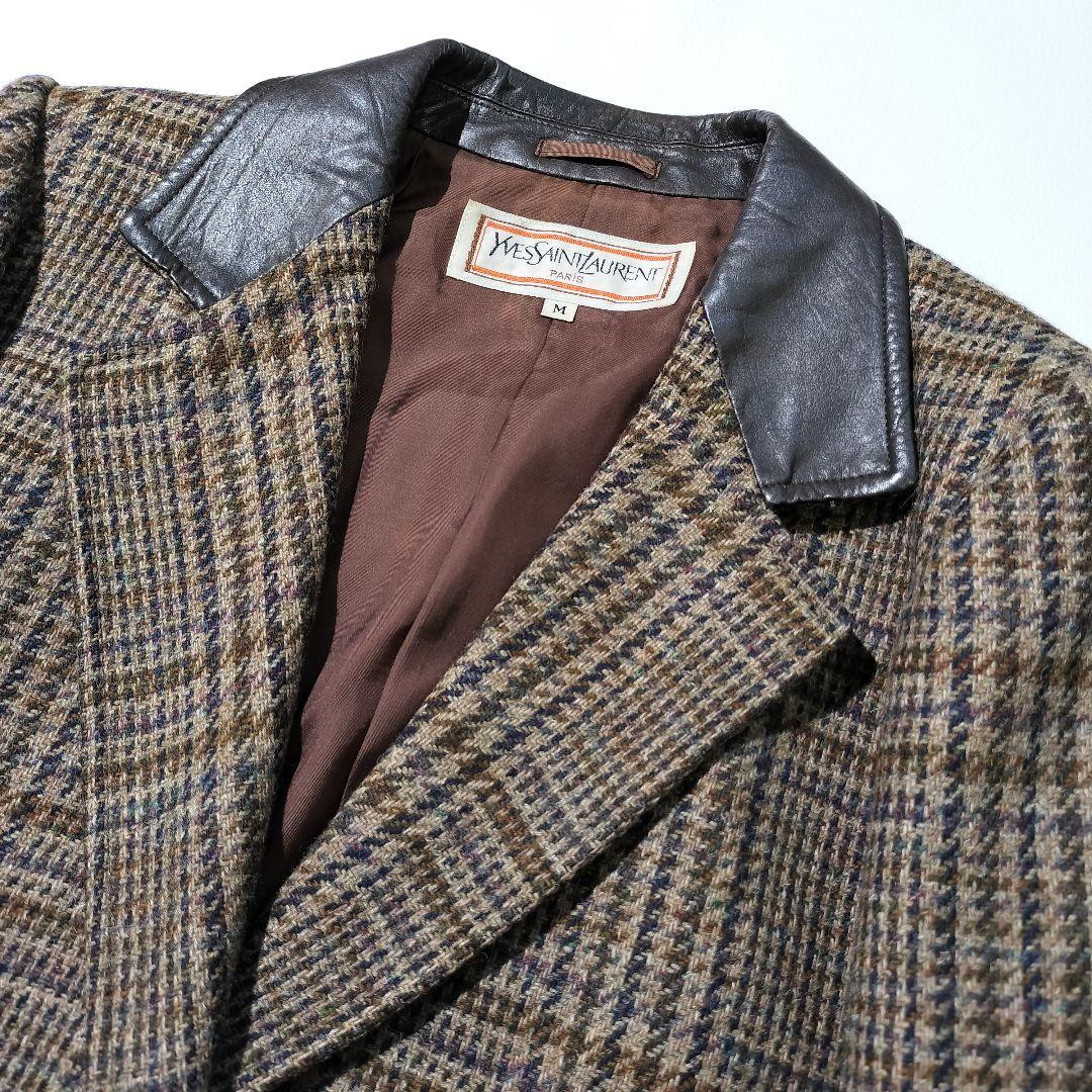 イヴサンローラン　ウール 牛革 ガンクラブチェック テーラードジャケット