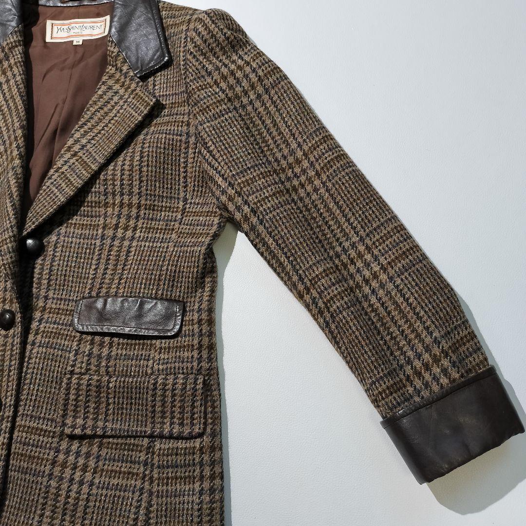イヴサンローラン　ウール 牛革 ガンクラブチェック テーラードジャケット