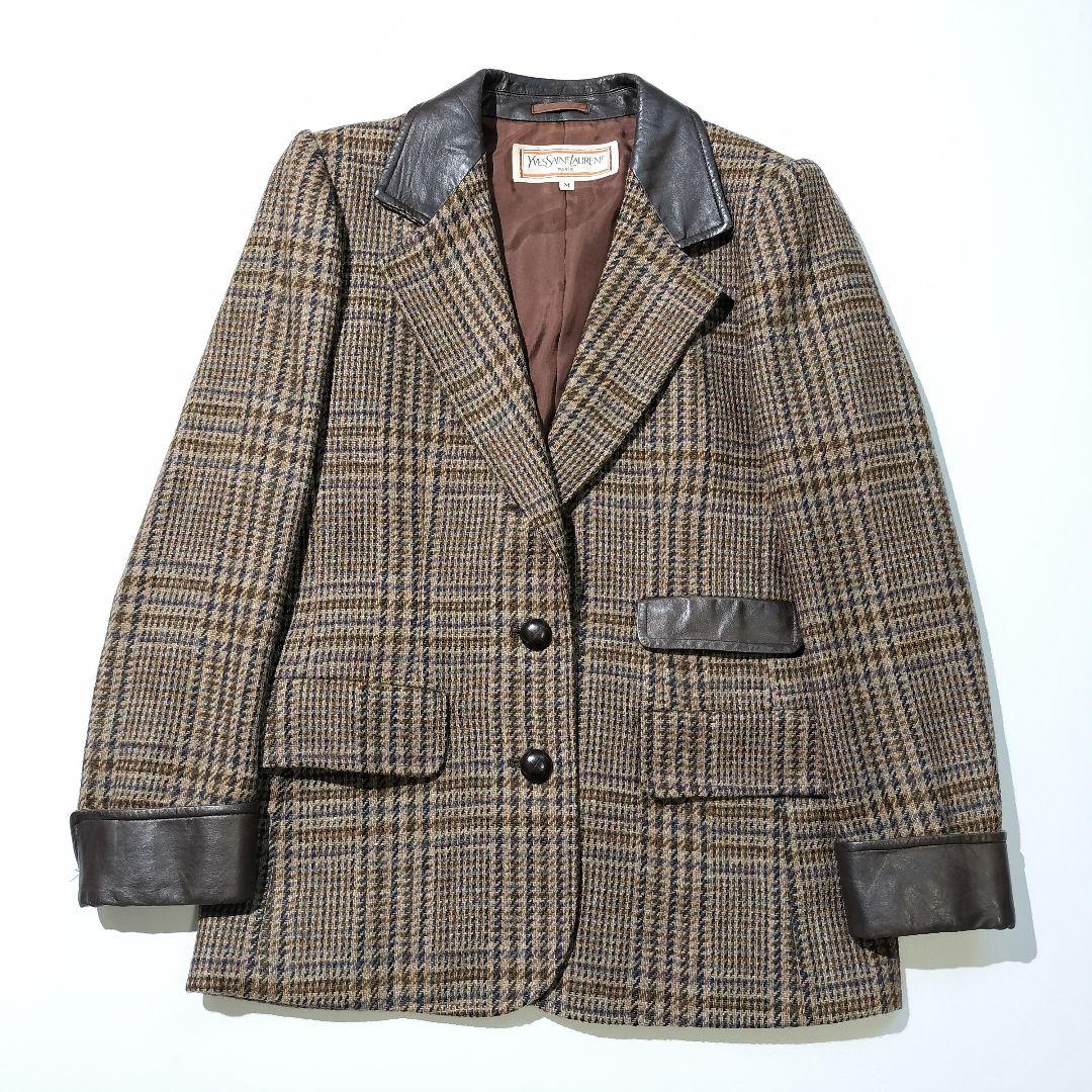 イヴサンローラン　ウール 牛革 ガンクラブチェック テーラードジャケット