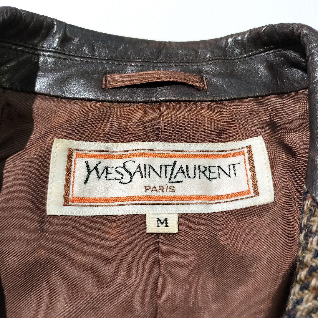 イヴサンローラン　ウール 牛革 ガンクラブチェック テーラードジャケット